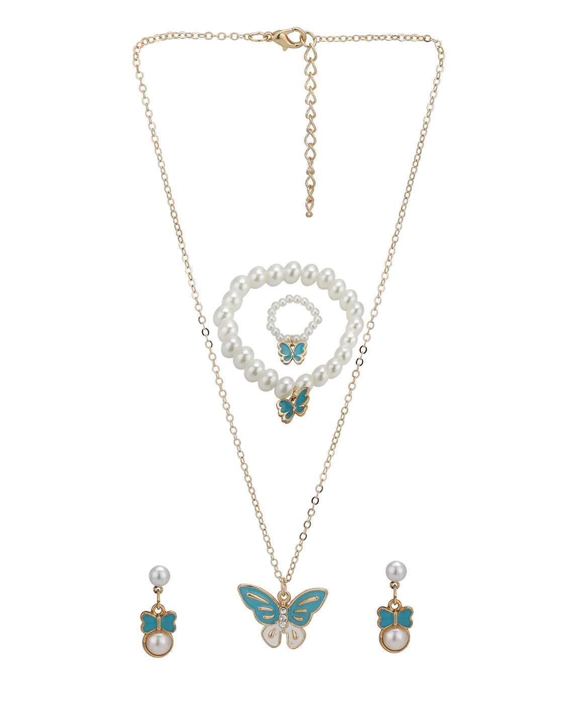 Rose Gold Plated Pearl and Butterfly Bow Enamel Fancy Jewellery Set for Girl