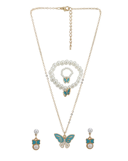 Rose Gold Plated Pearl and Butterfly Bow Enamel Fancy Jewellery Set for Girl