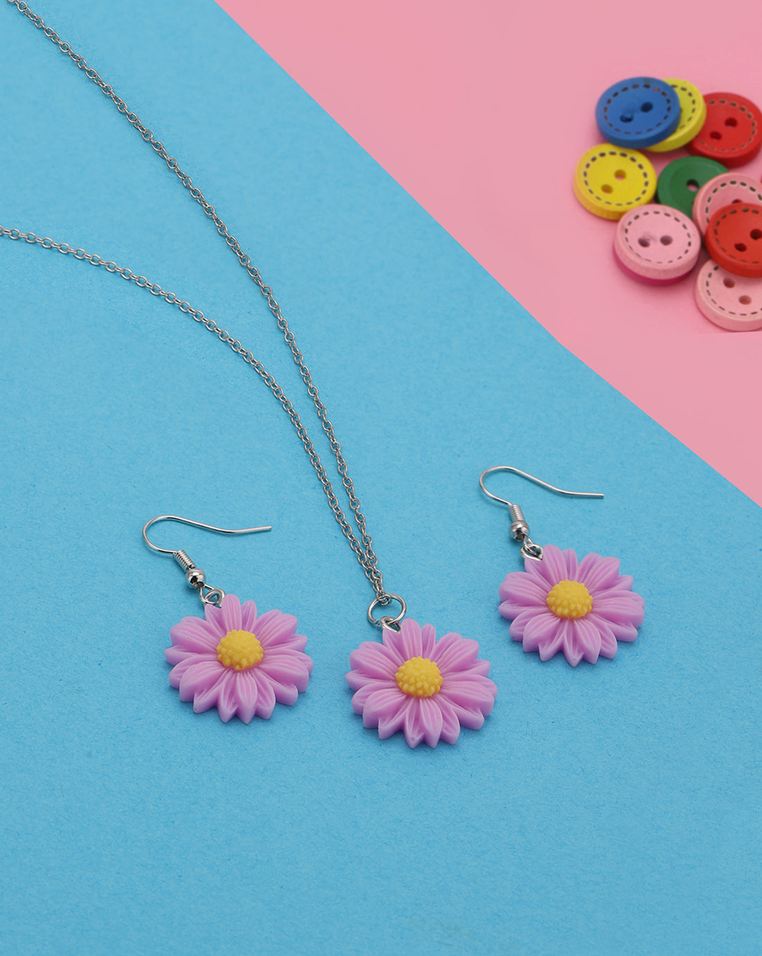 Silver Plated Dangling Floral Pendant Fancy Jewellery Set for Girl