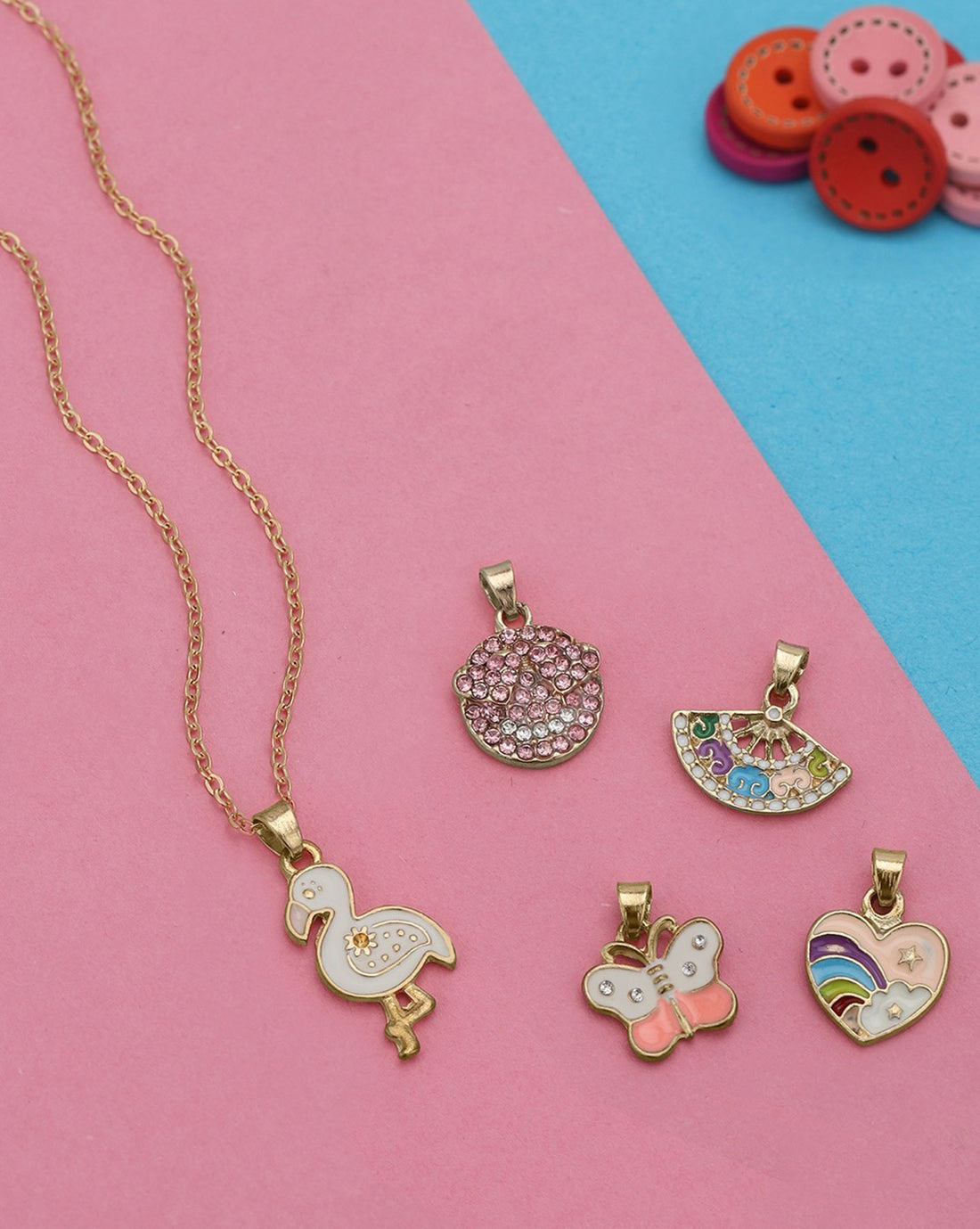 GenZ Rose Gold Plated Set of 5 Inter changeable Multi Figure Enamel Pendant Necklace