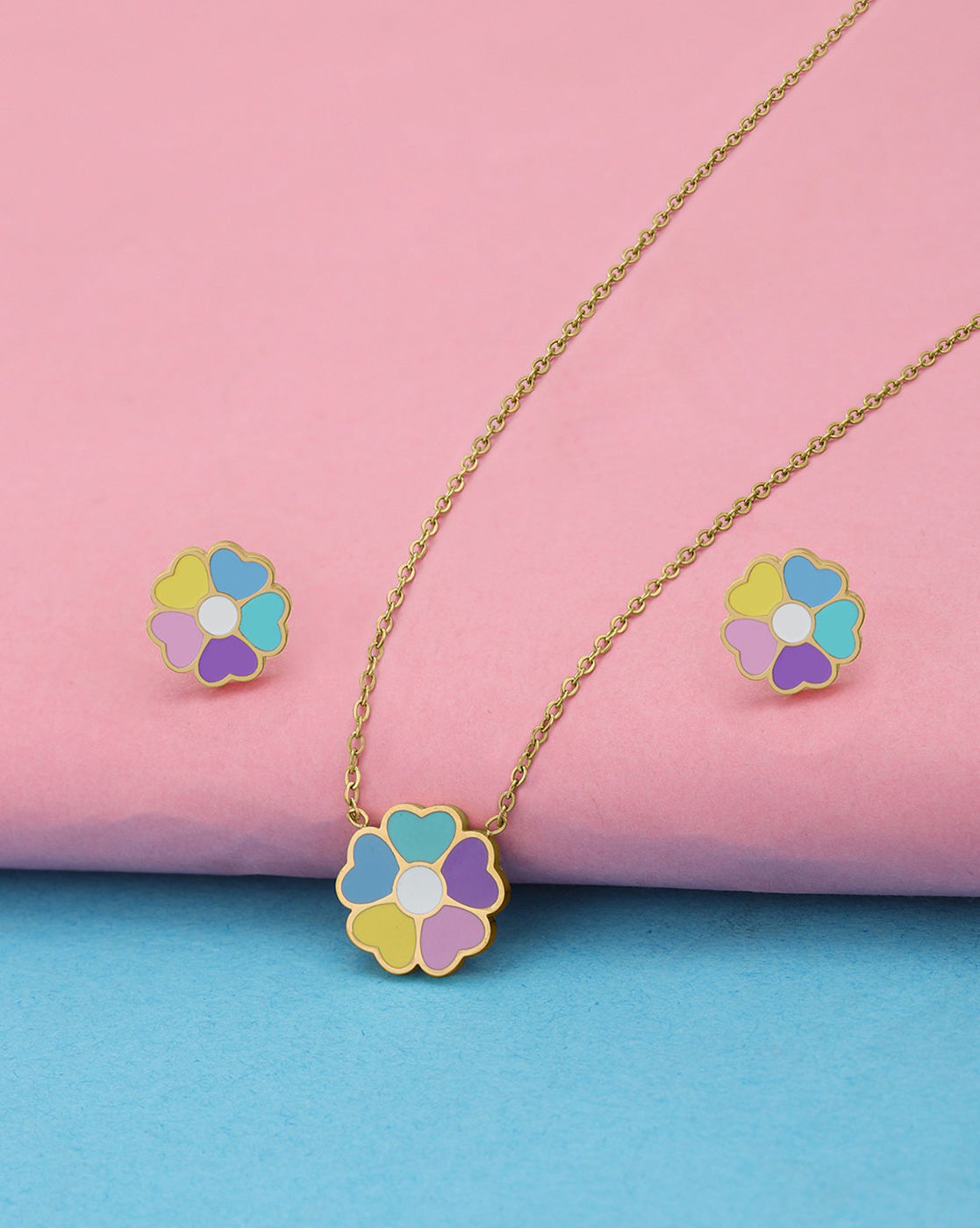 Girls 18kt Gold Plated Enamel Heart Flower Necklace and Earring Set