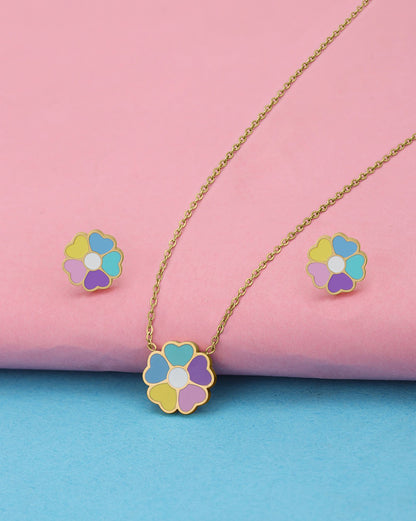 Girls 18kt Gold Plated Enamel Heart Flower Necklace and Earring Set