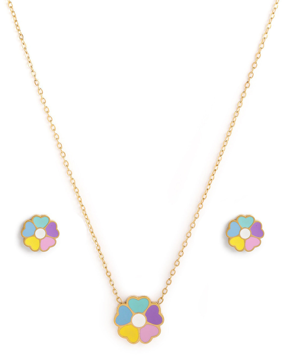 Girls 18kt Gold Plated Enamel Heart Flower Necklace and Earring Set