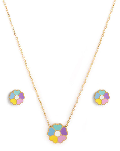 Girls 18kt Gold Plated Enamel Heart Flower Necklace and Earring Set