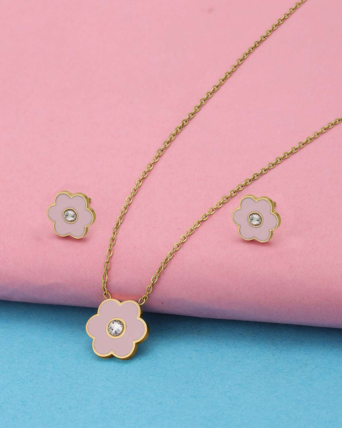 Girls 18kt Gold Plated Enamel CZ Floral Necklace and Earring Set