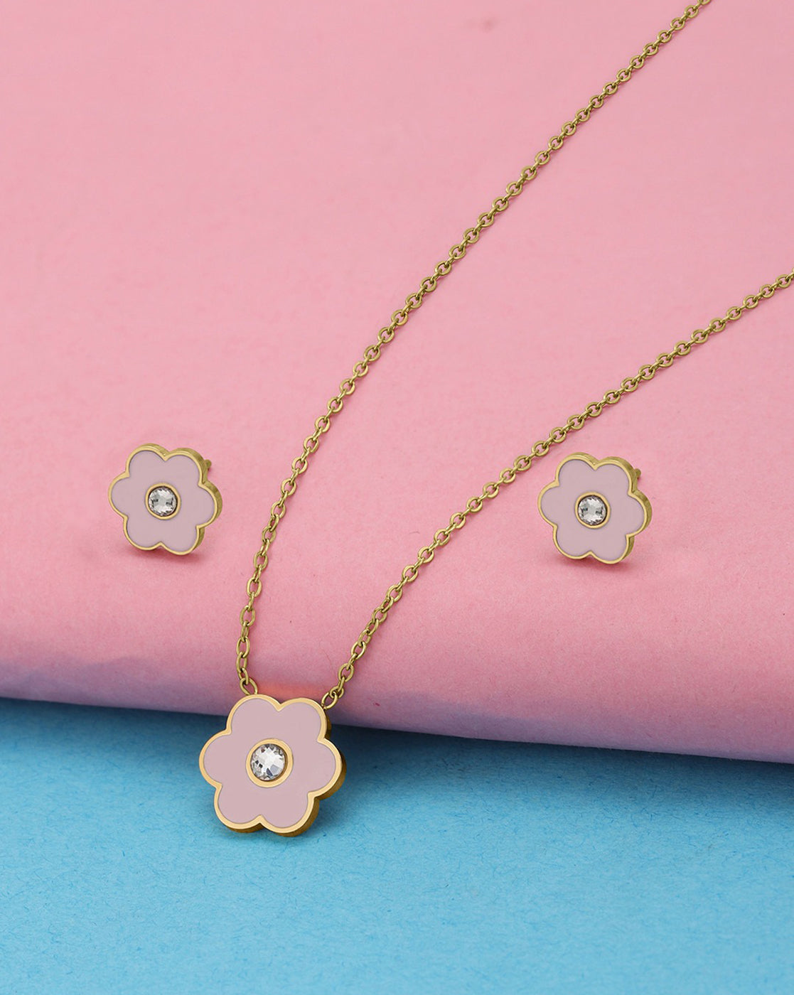 Girls 18kt Gold Plated Enamel CZ Floral Necklace and Earring Set