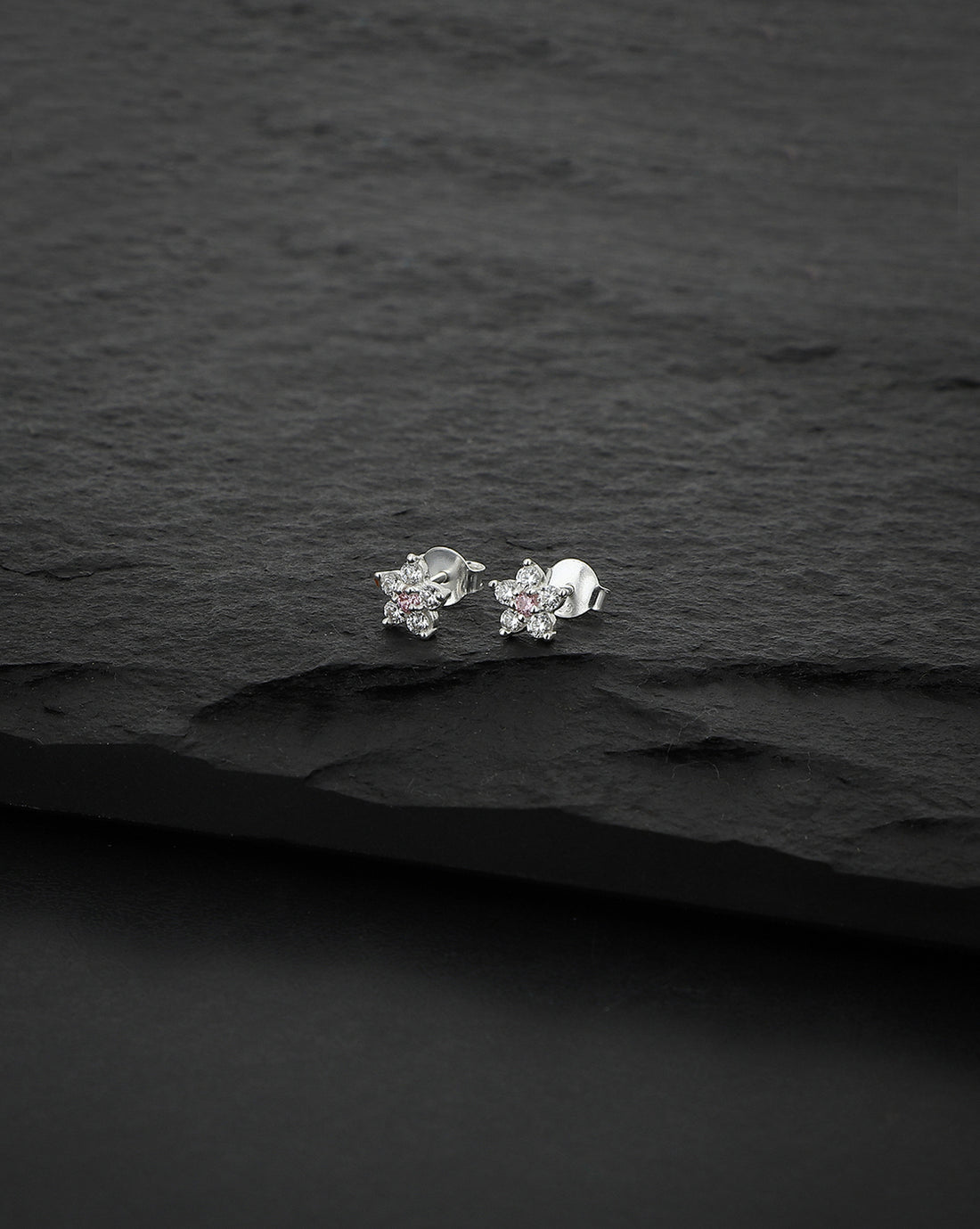 Carlton London Pink 925 Sterling Silver Rhodium Plated Cz Floral Stud Earring
