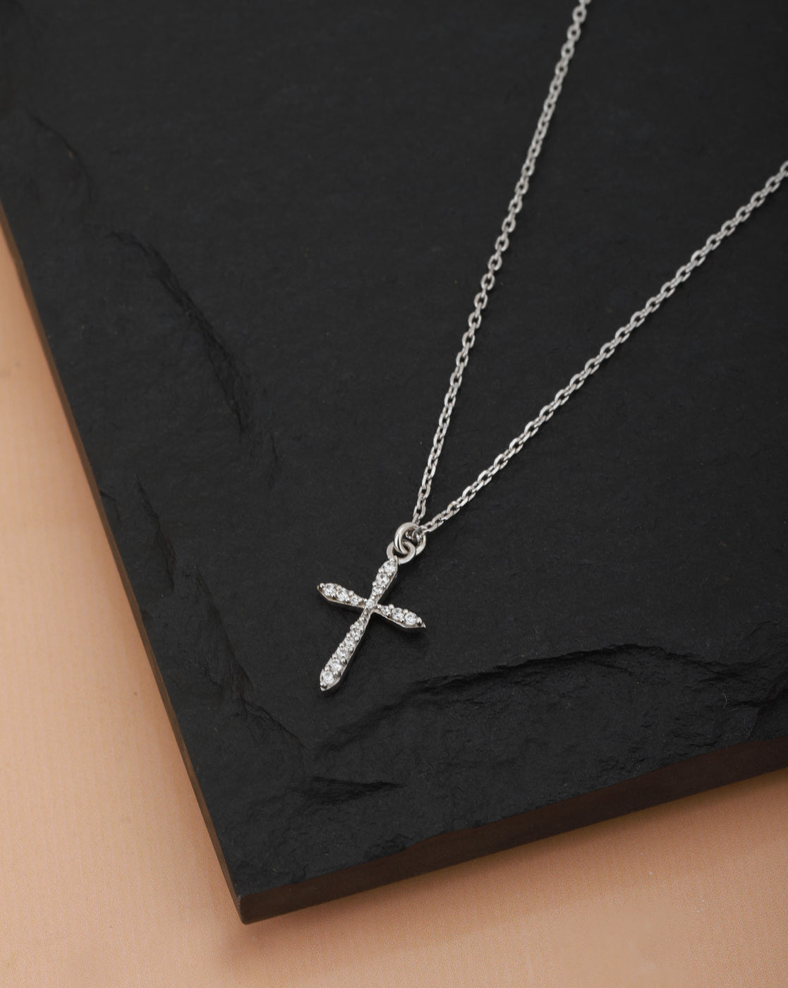 Rhodium Plated with CZ Greek Cross Pendant with Chain