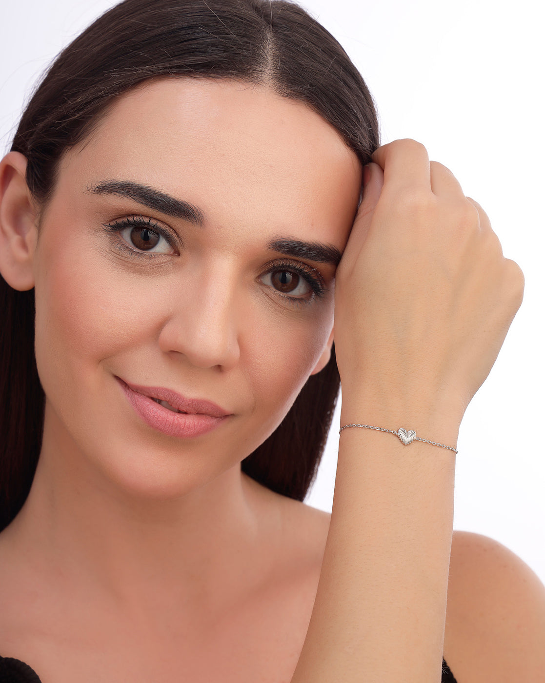 925 Sterling Silver Rhodium Plated Heart Charm Bracelet