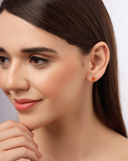 18kt Gold Plated Red Stone Oval Stud Earring