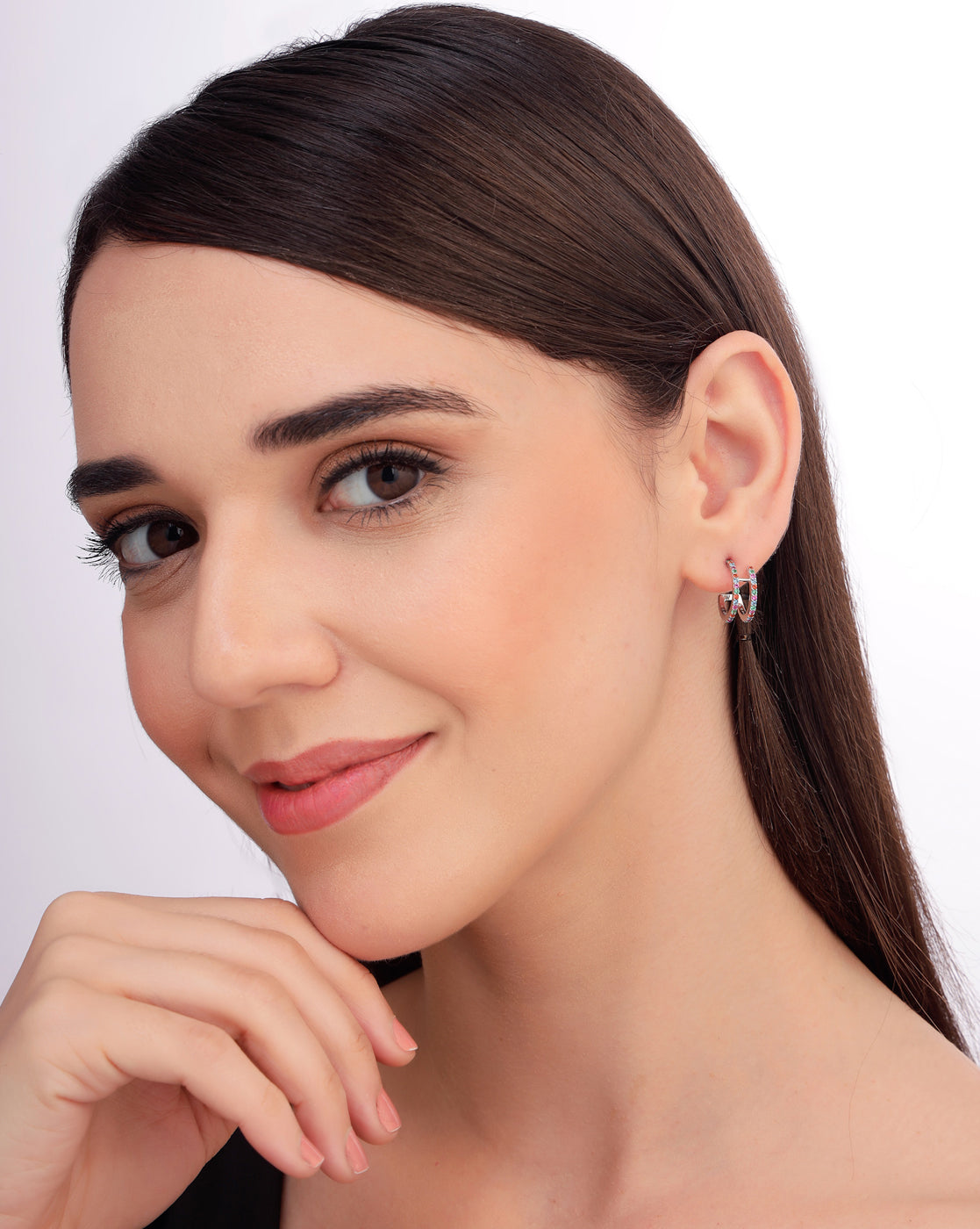 Rhodium Plated Multi Colour CZ Half Hoop Earring