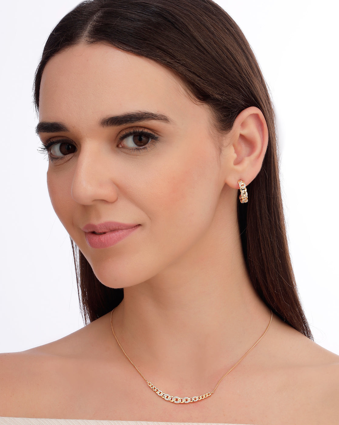 18kt Gold Plated CZ Necklace and Half Hoop Earring Set