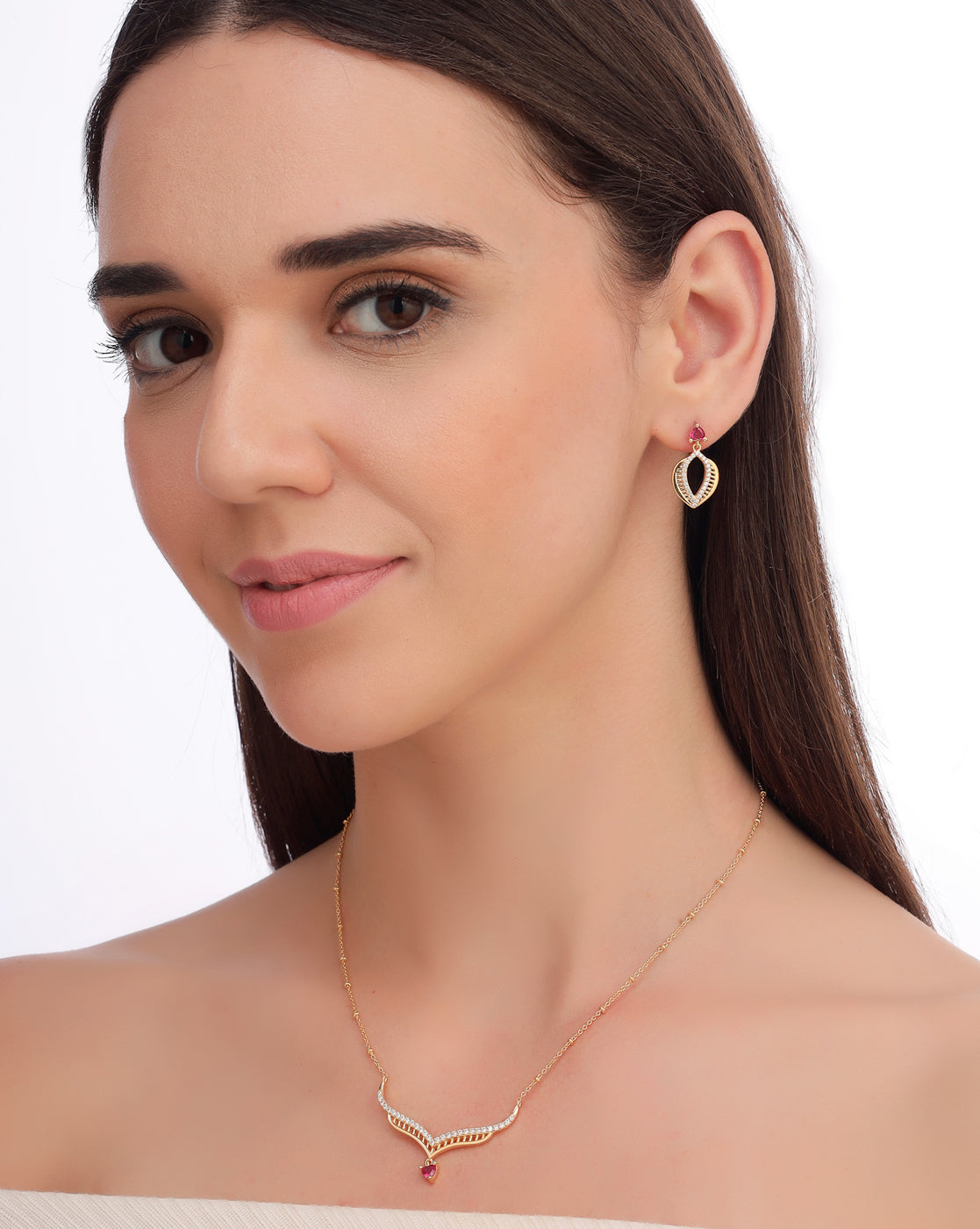 18kt Gold Plated Red CZ Heart Necklace and Earring Set