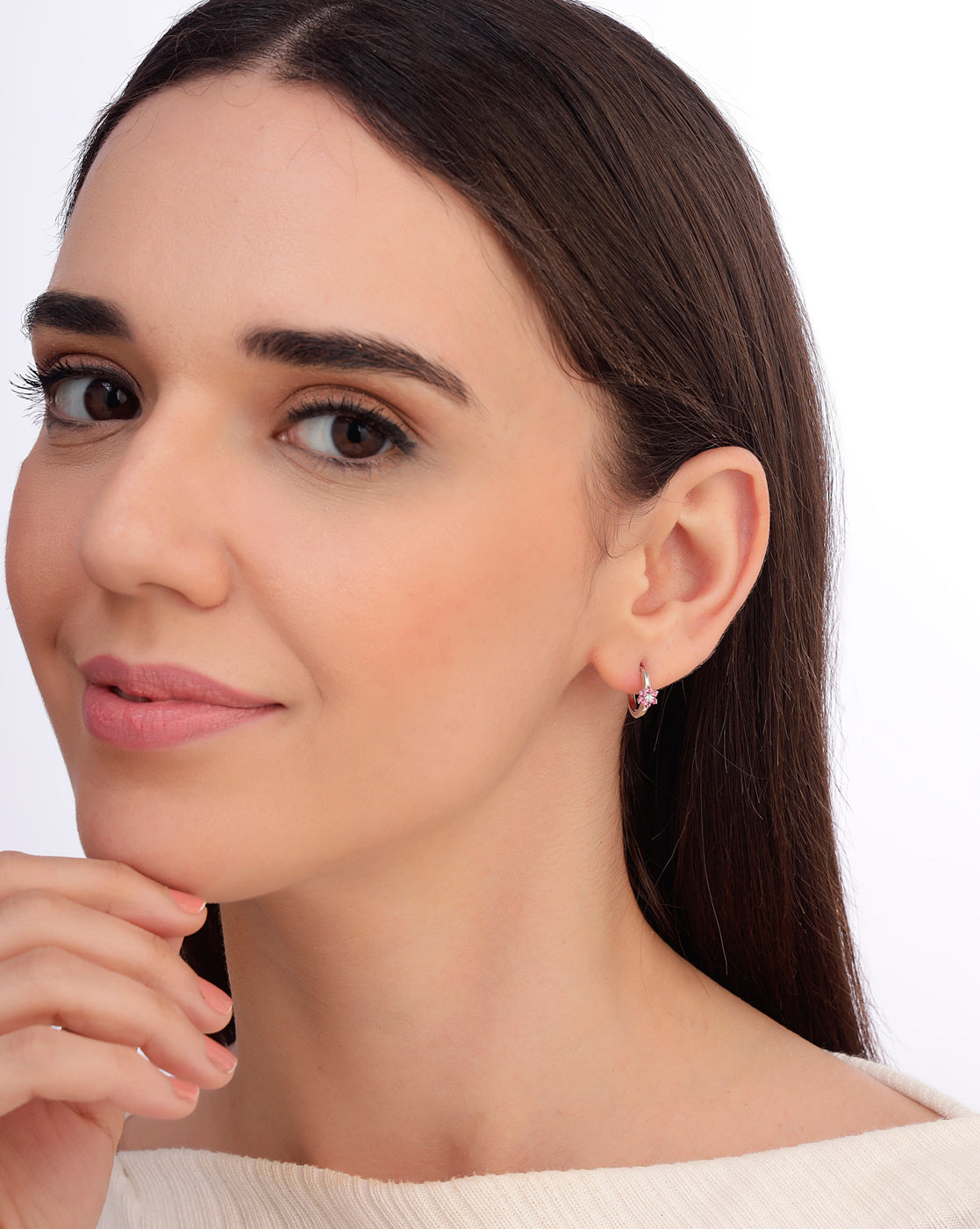 925 Sterling Silver Rhodium Plated Pink CZ Hoop Earring