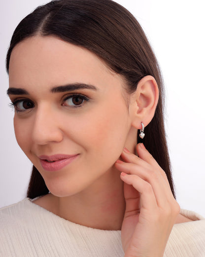 925 Sterling Silver Rhodium Plated CZ Dangling Heart Hoop Earring