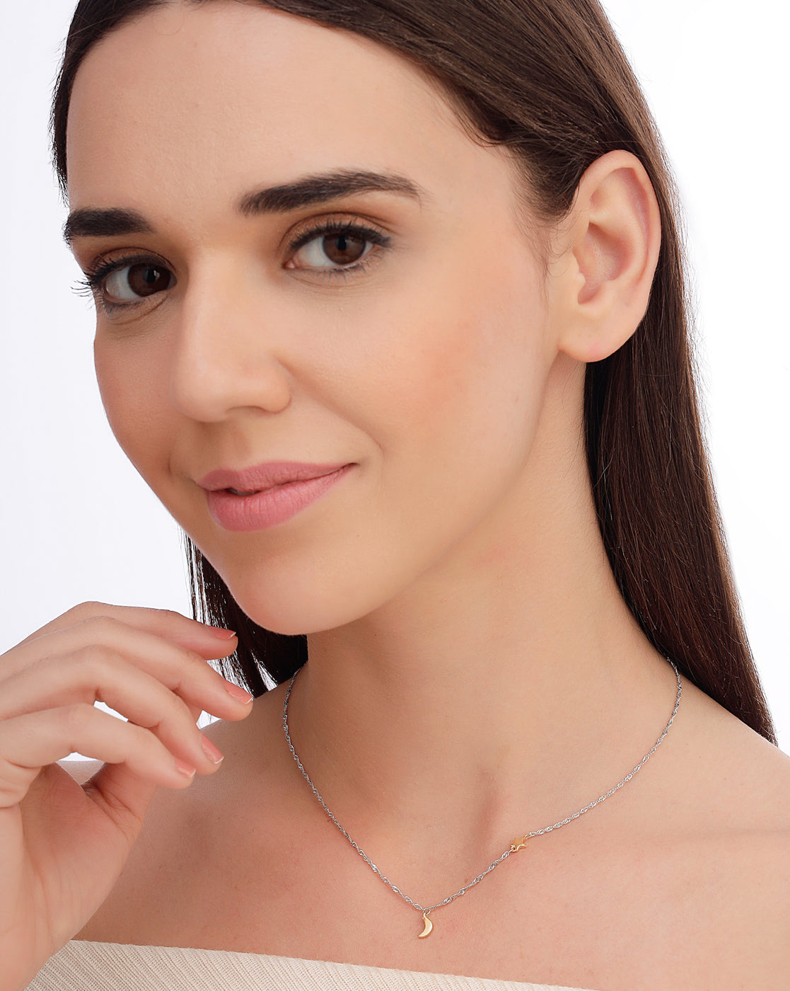 925 Sterling Silver Dual Toned Plated Moon and Star Charm Necklace