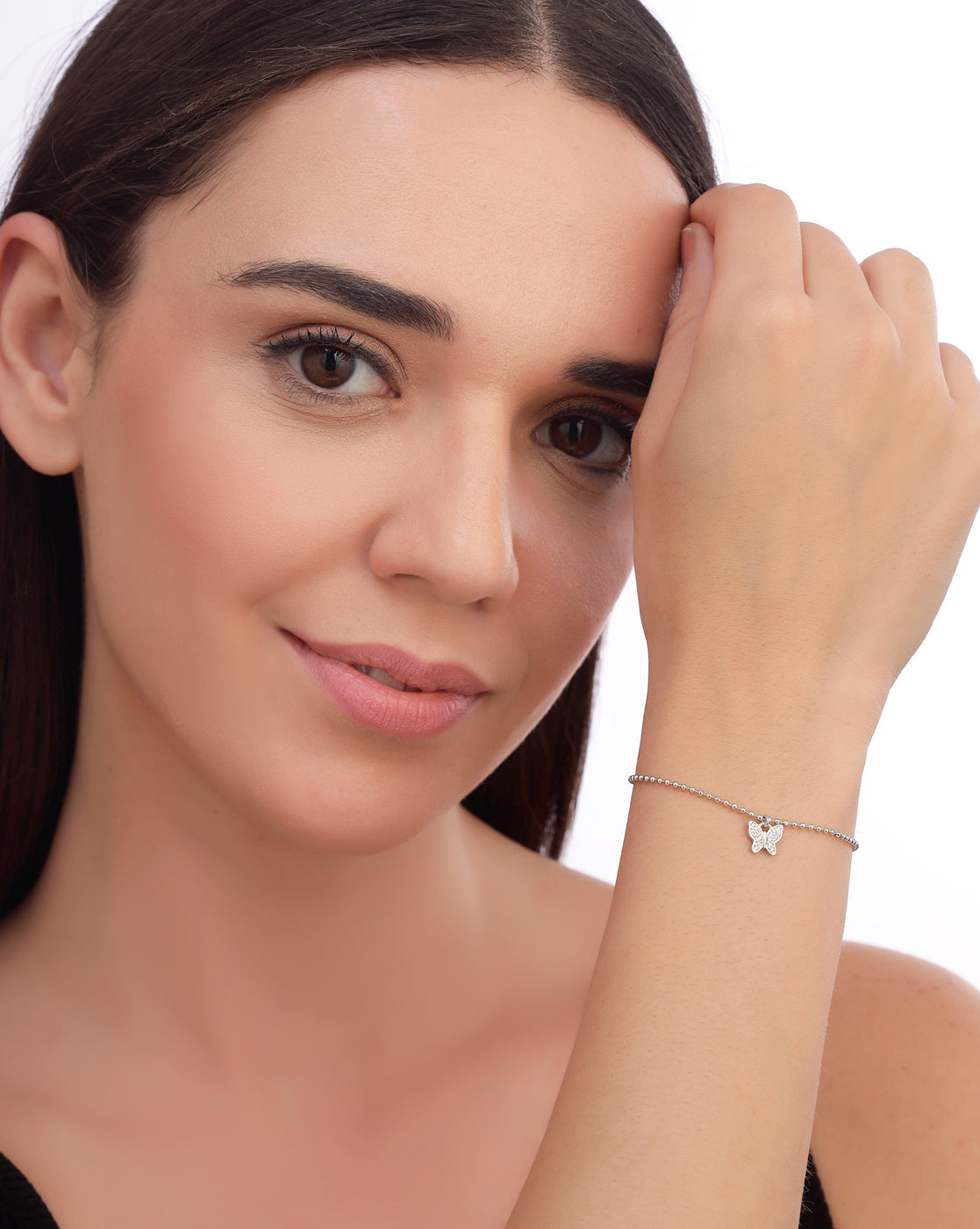 925 Sterling Silver Rhodium Plated CZ Buttefly Charm Bracelet