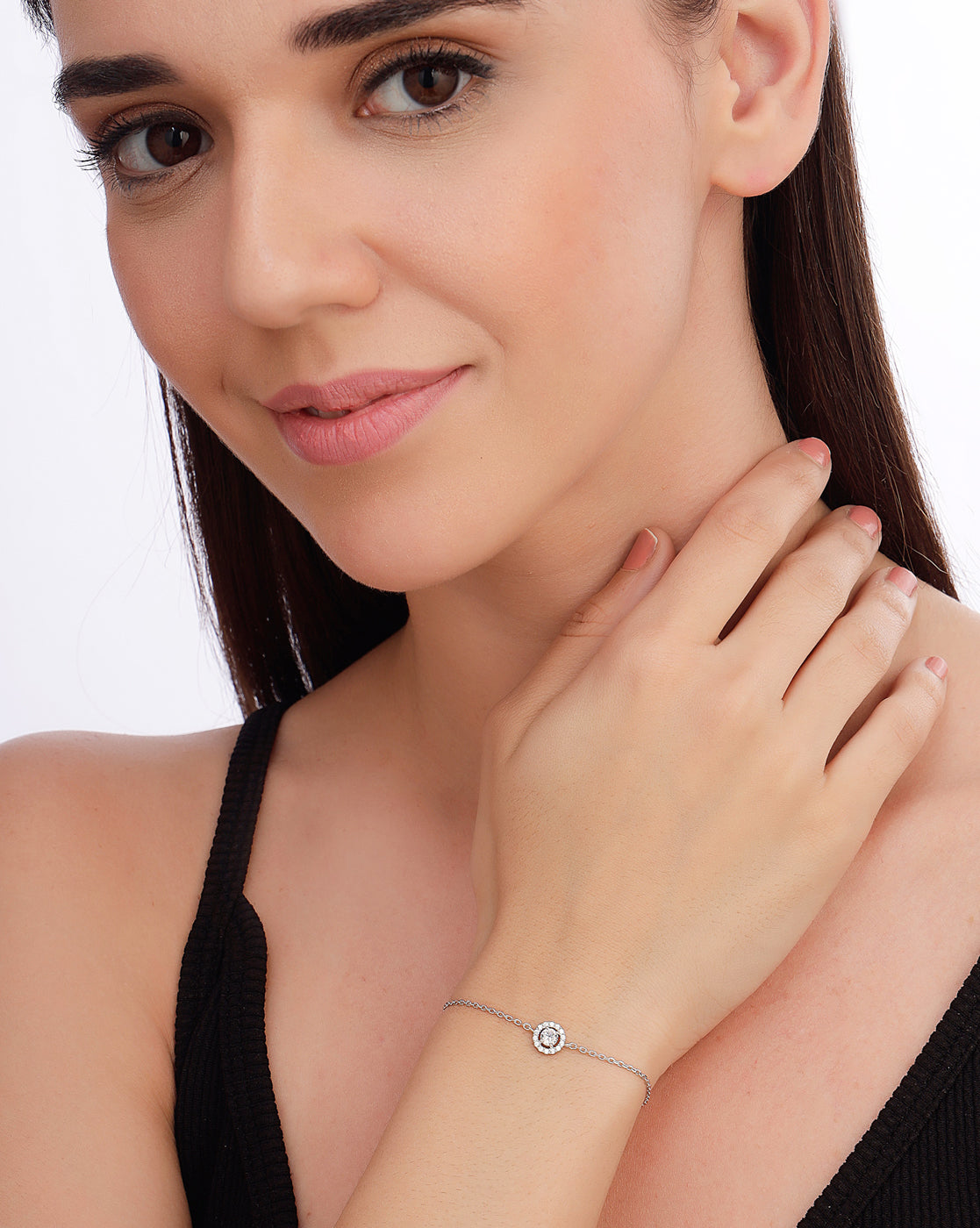 925 Sterling Silver Rhodium Plated CZ Circular Charm Bracelet