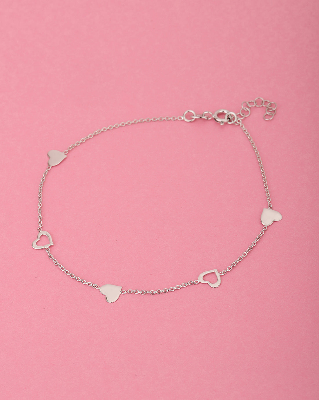 925 Sterling Silver Inline Heart With Rhodium Plated Adjustable Anklet