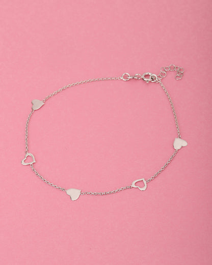 925 Sterling Silver Inline Heart With Rhodium Plated Adjustable Anklet