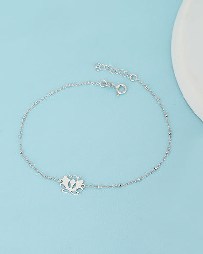 925 Sterling Silver Inline Floral With Rhodium Plated Adjustable Anklet