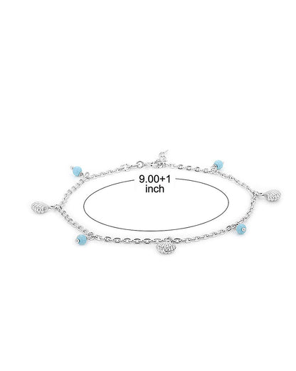 925 Sterling Silver Rhodium Plated And Bead Charm Anklet For Women