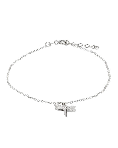 925 Sterling Silver Rhodium Plated Dragonfly Charm Anklet