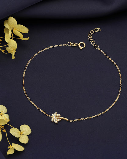 925 Sterling Silver 18KT Gold-Plated CZ Palm Tree Anklet