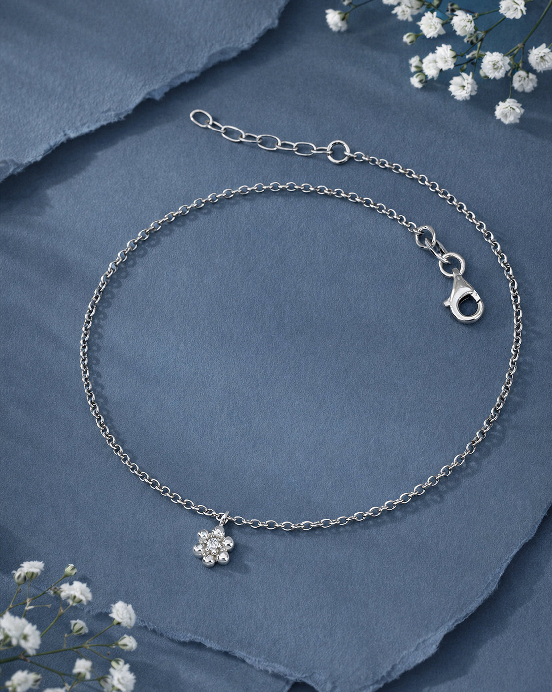 925 Sterling Silver Rhodium Plated CZ Floral Charm Anklet
