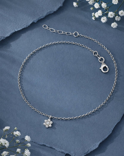 925 Sterling Silver Rhodium Plated CZ Floral Charm Anklet