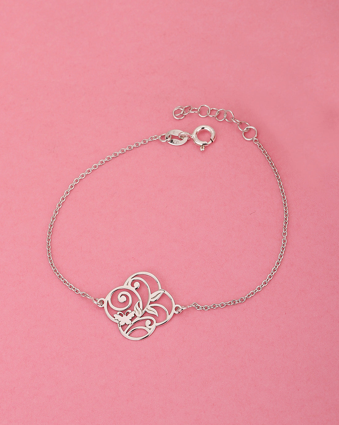 925 Sterling Silver Rhodium Plated Floral Stylish Adjustable Charm Bracelet
