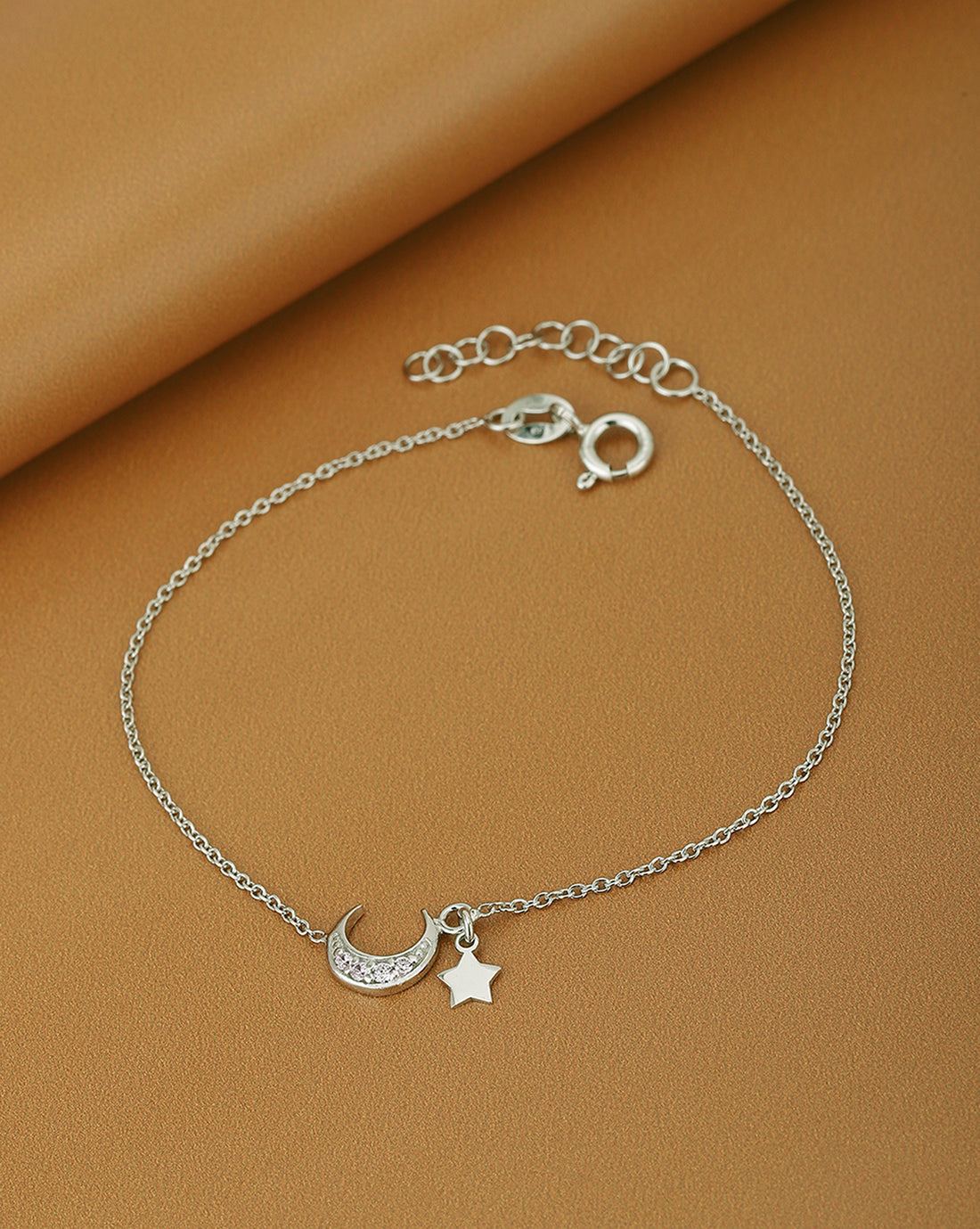 925 Sterling Silver Women Rhodium Plated With Cz Moon &amp; Stars Charm Bracelet Adjustable