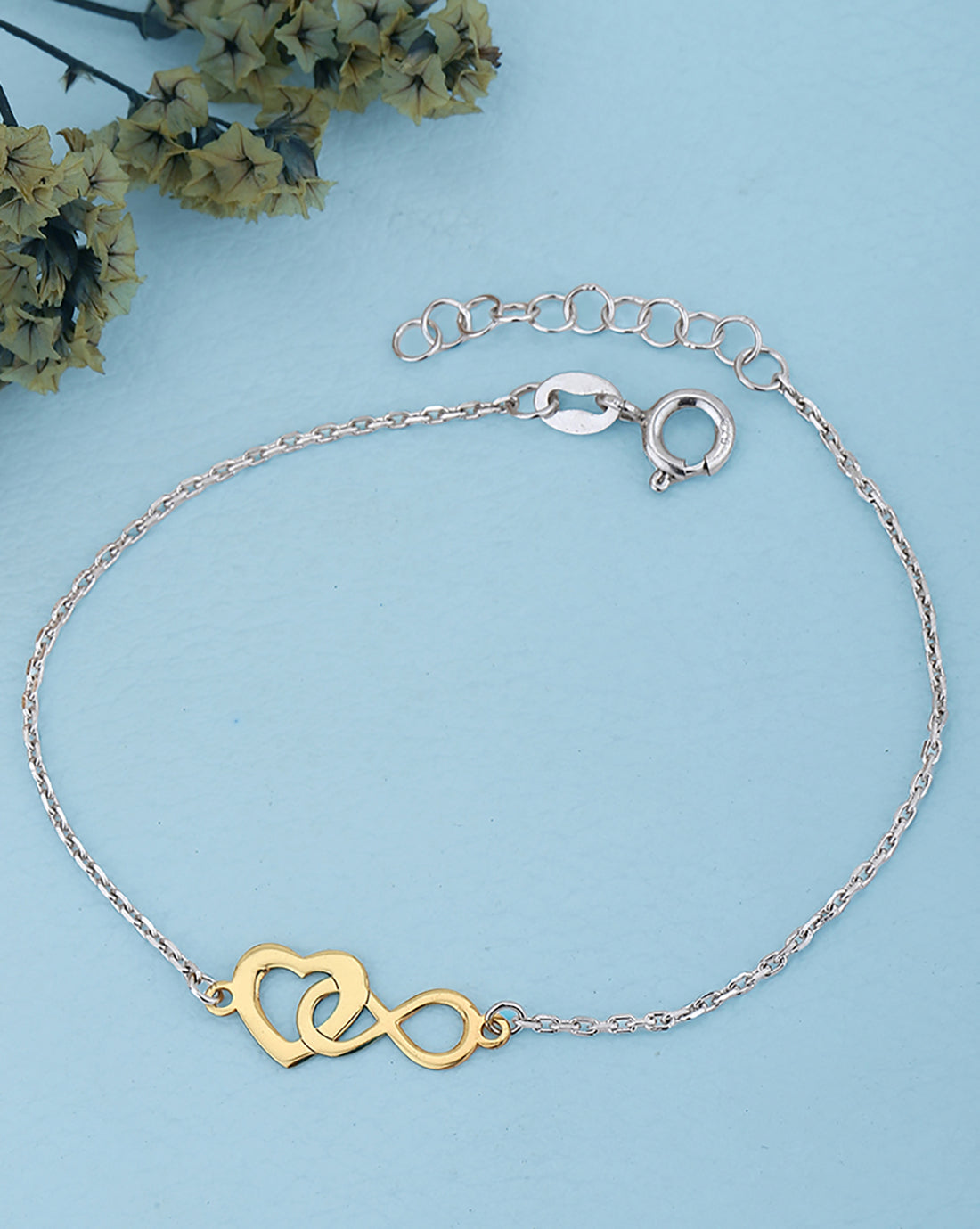 925 Sterling Silver 18kt Gold and Rhodium Plated Heart Charm Bracelet