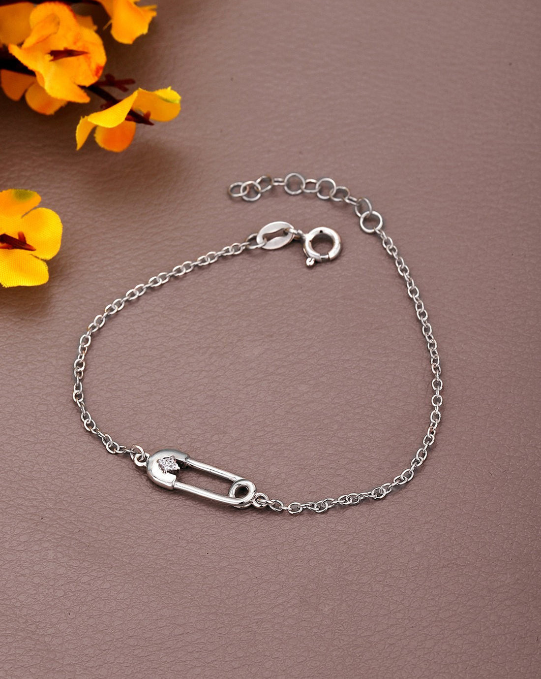 925 Sterling Silver Rhodium Plated with CZ Safety Pin Charm Bracelet