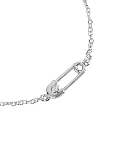 925 Sterling Silver Rhodium Plated with CZ Safety Pin Charm Bracelet