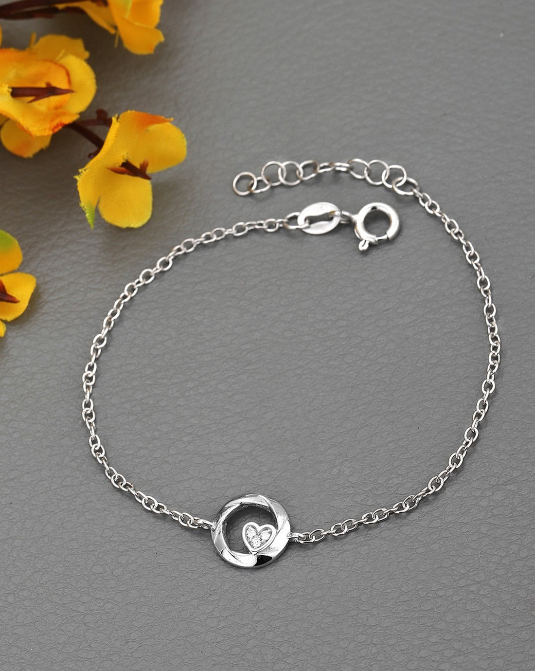 925 Sterling Silver Rhodium Plated with CZ Heart Charm Bracelet