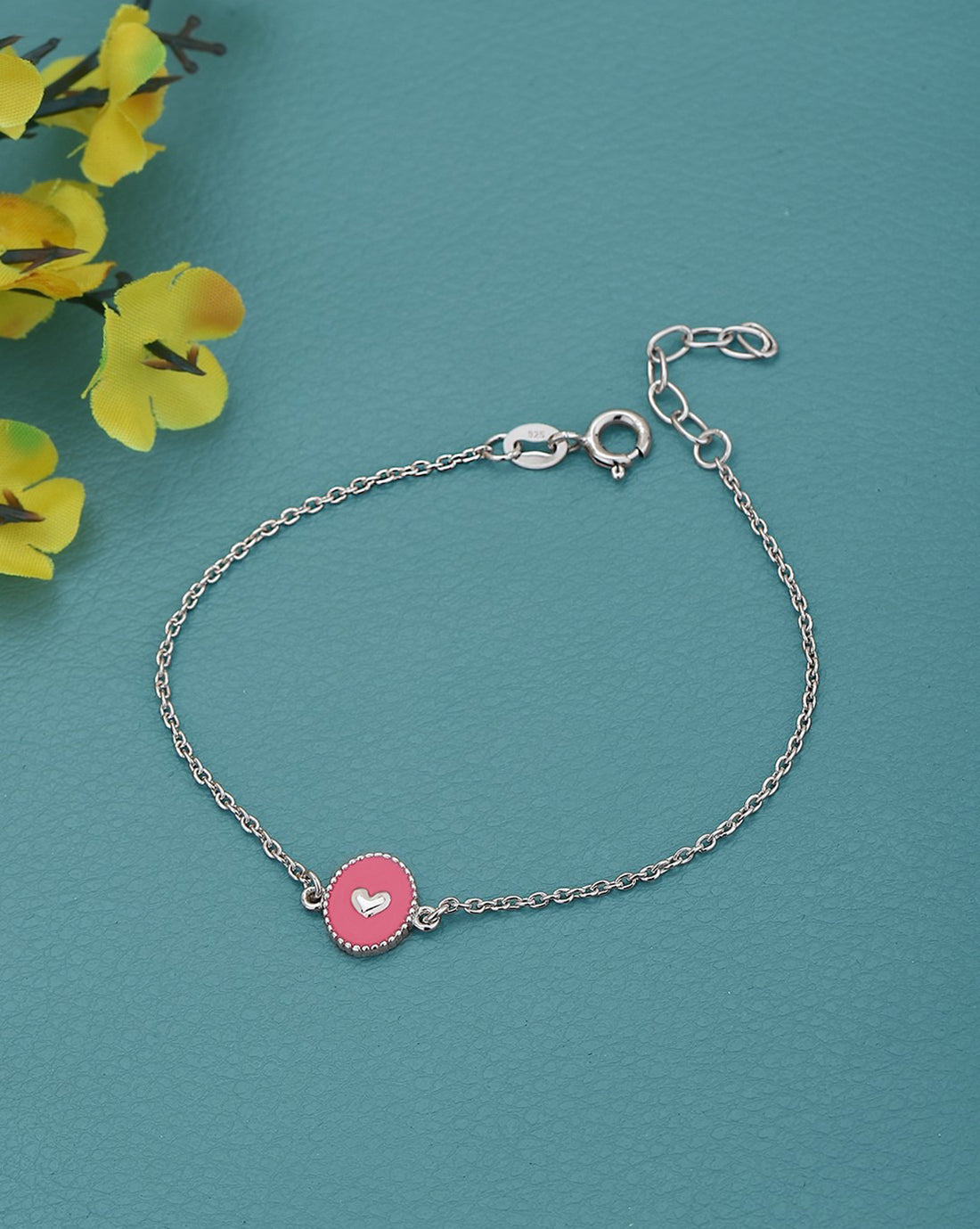 925 Sterling Silver Rhodium Plated Heart Enamel Charm Bracelet