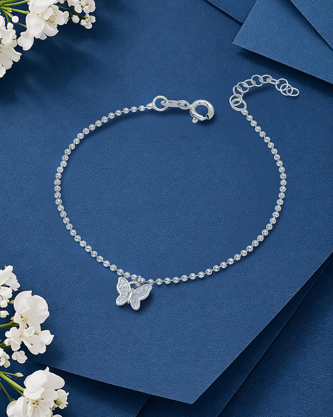 925 Sterling Silver Rhodium Plated CZ Buttefly Charm Bracelet