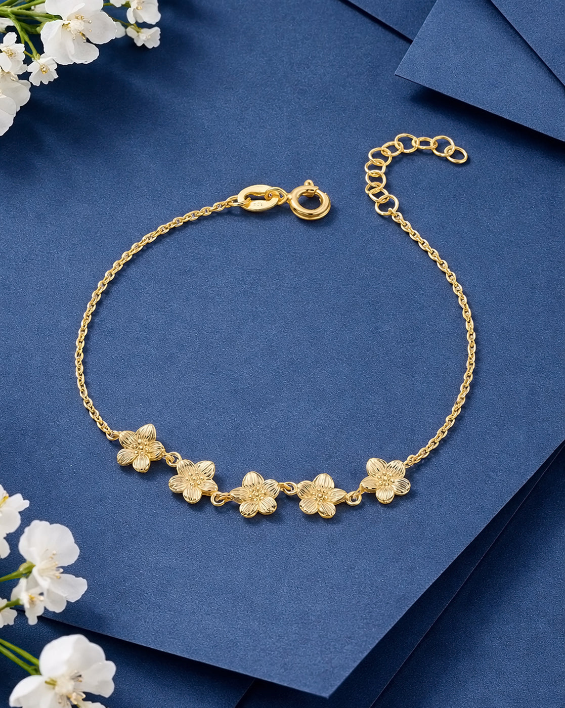 925 Sterling Silver 18kt Gold Plated Floral Charm Bracelet
