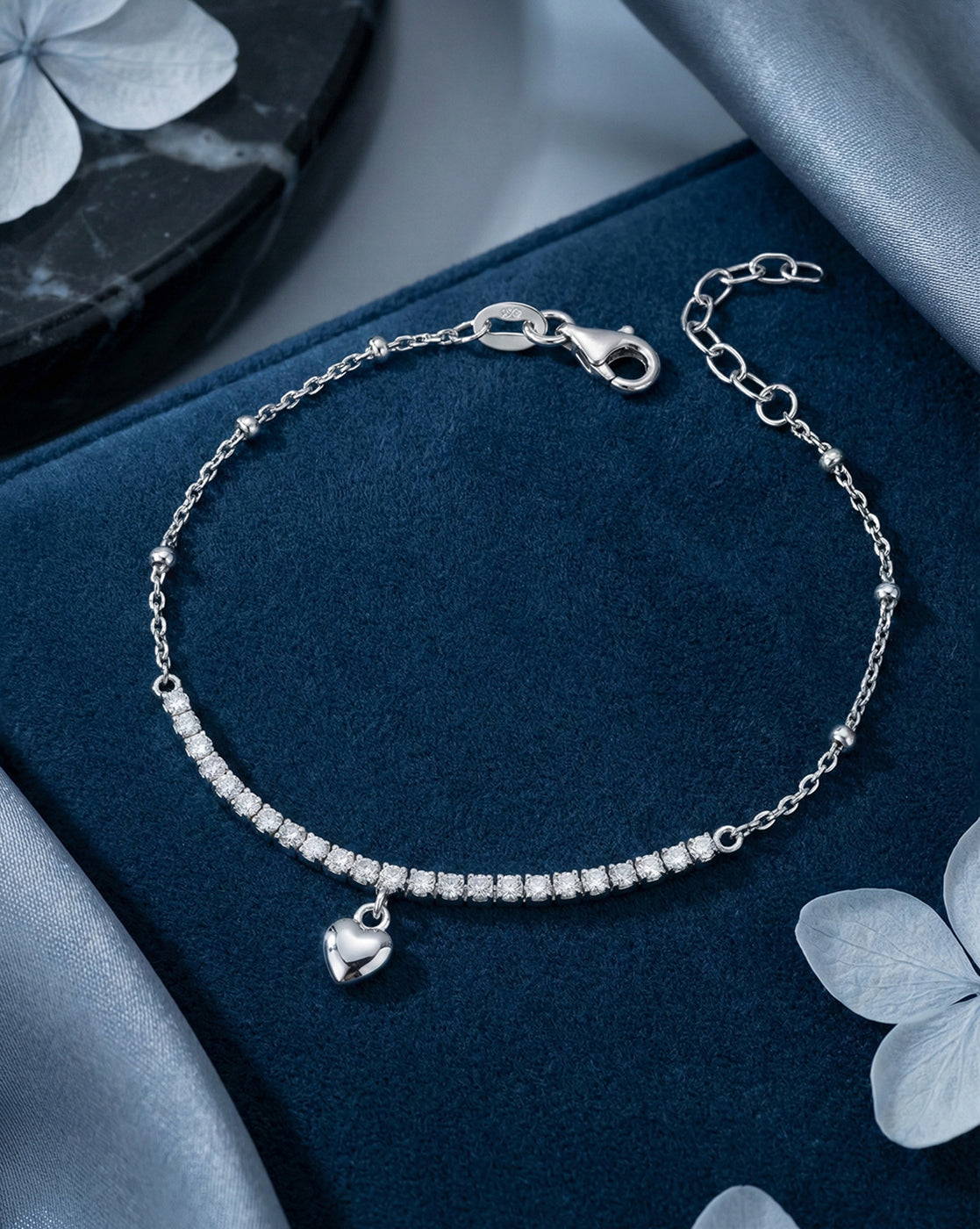 925 Sterling Silver Rhodium Plated CZ Heart Charm Bracelet