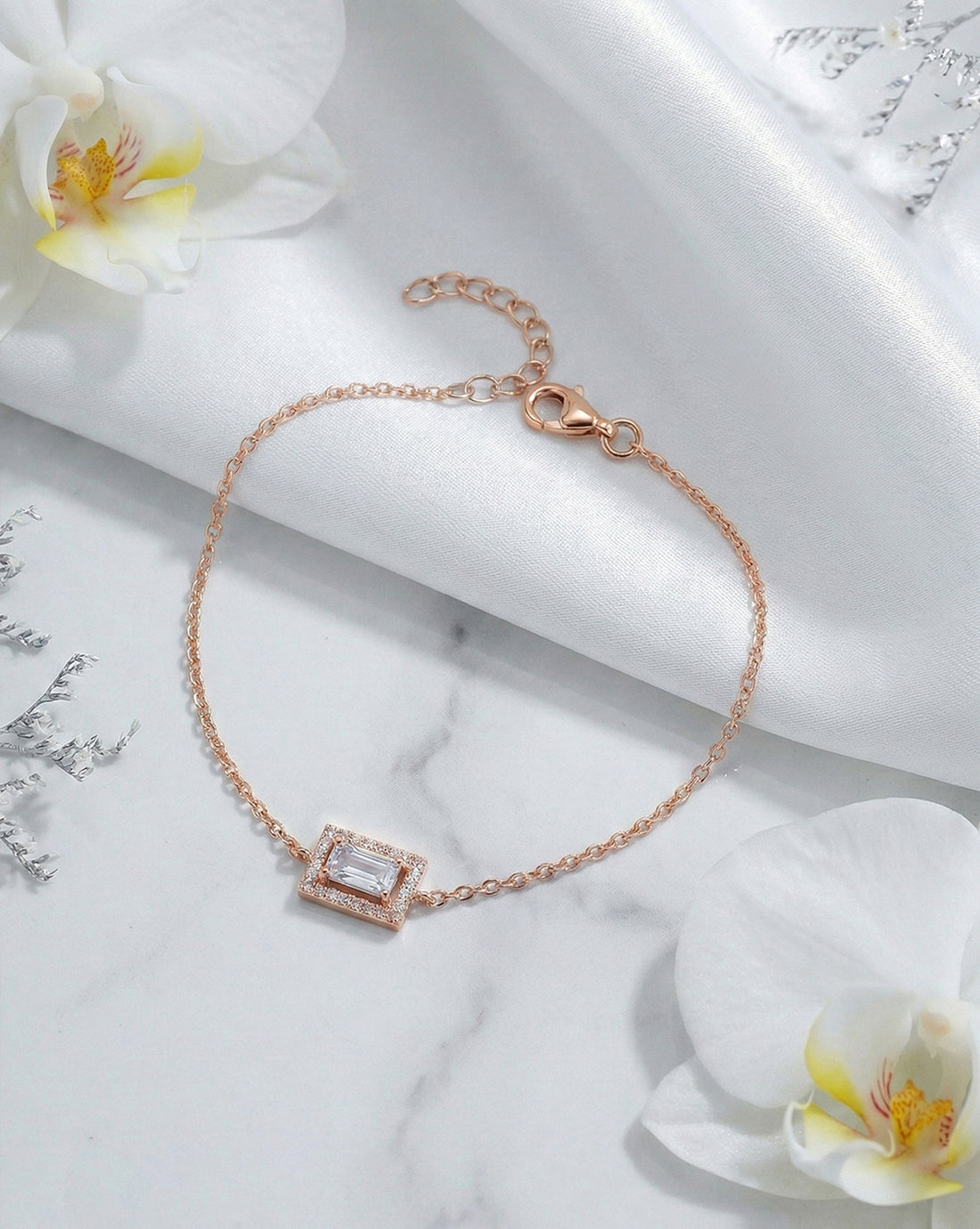 925 Sterling Silver 18kt Rose Gold Plated CZ Minimalist Square Bracelet