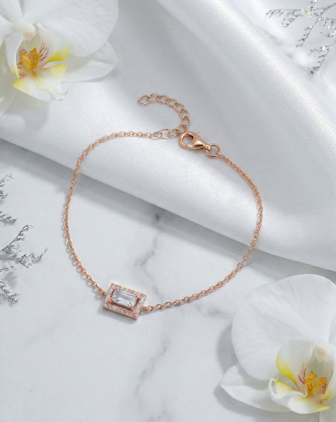 925 Sterling Silver 18kt Rose Gold Plated CZ Minimalist Square Bracelet