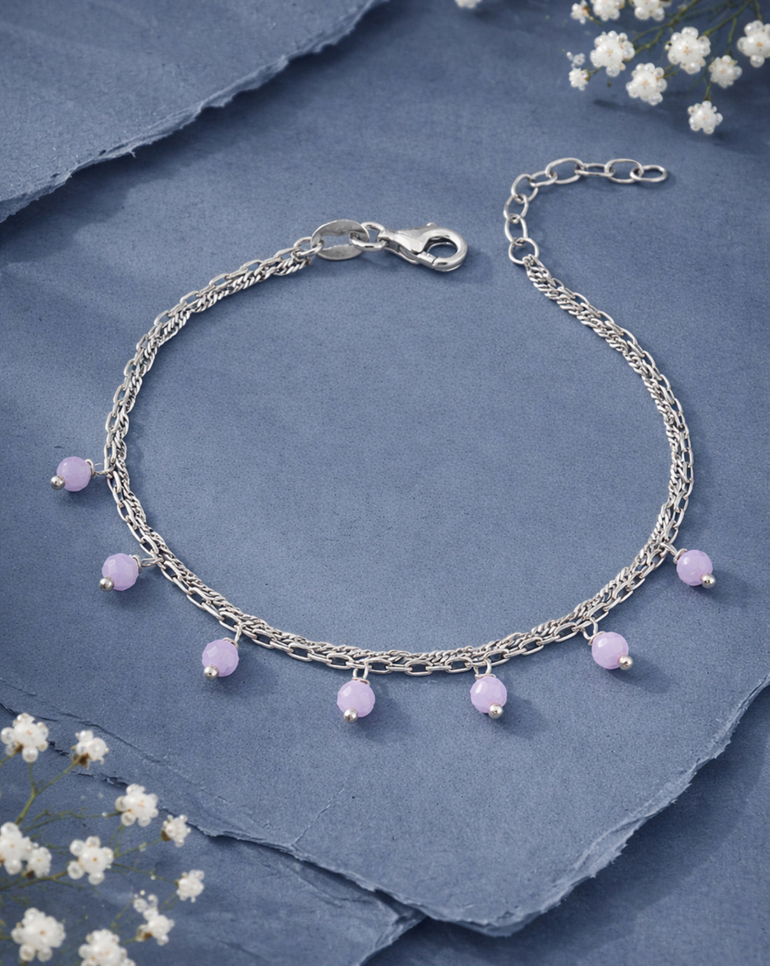 925 Sterling Silver Rhodium Plated Pink Glass Bead Double Chain Bracelet
