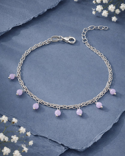 925 Sterling Silver Rhodium Plated Pink Glass Bead Double Chain Bracelet