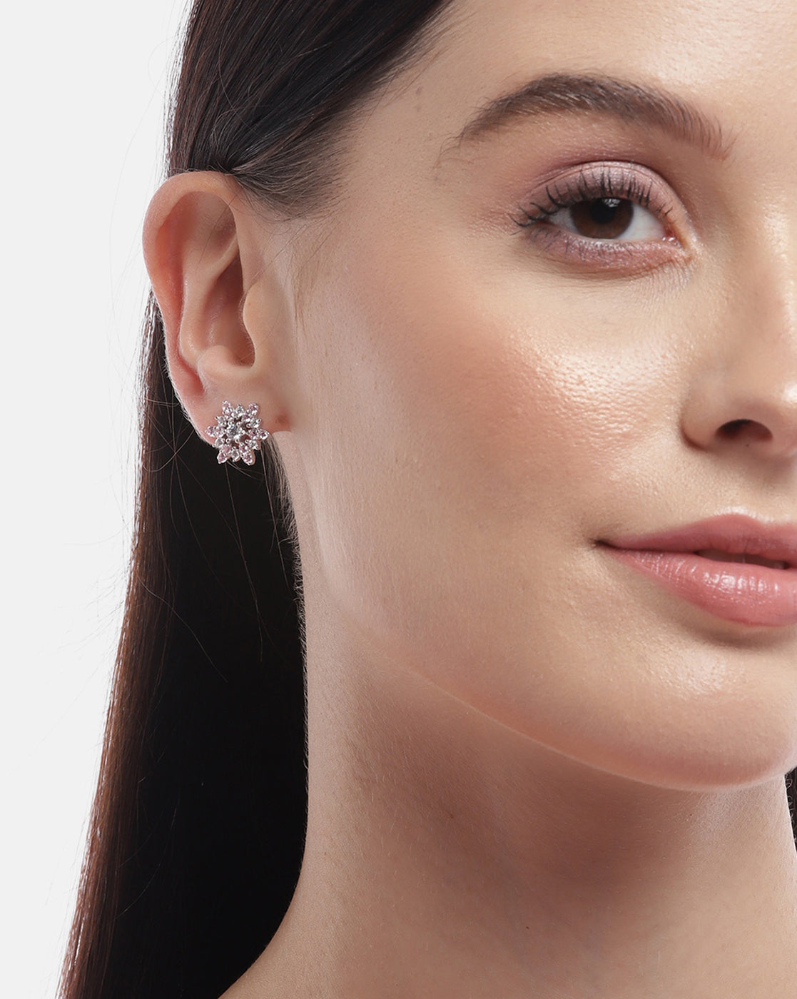 925 Sterling Silver Pink Zirconia With Rhodium Plated Floral Stud Earring