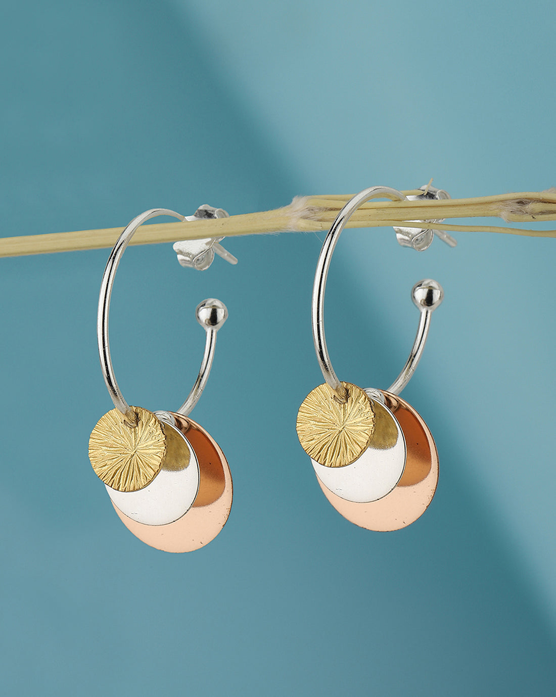 925 Sterling Silver Rhodium Plated With Gold &amp; Rose Gold Emballished Fancy Hoop Earring