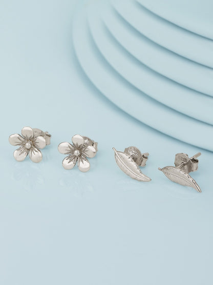 925 Sterling Silver Set of 2 Rhodium-Plated Floral Stud Earring