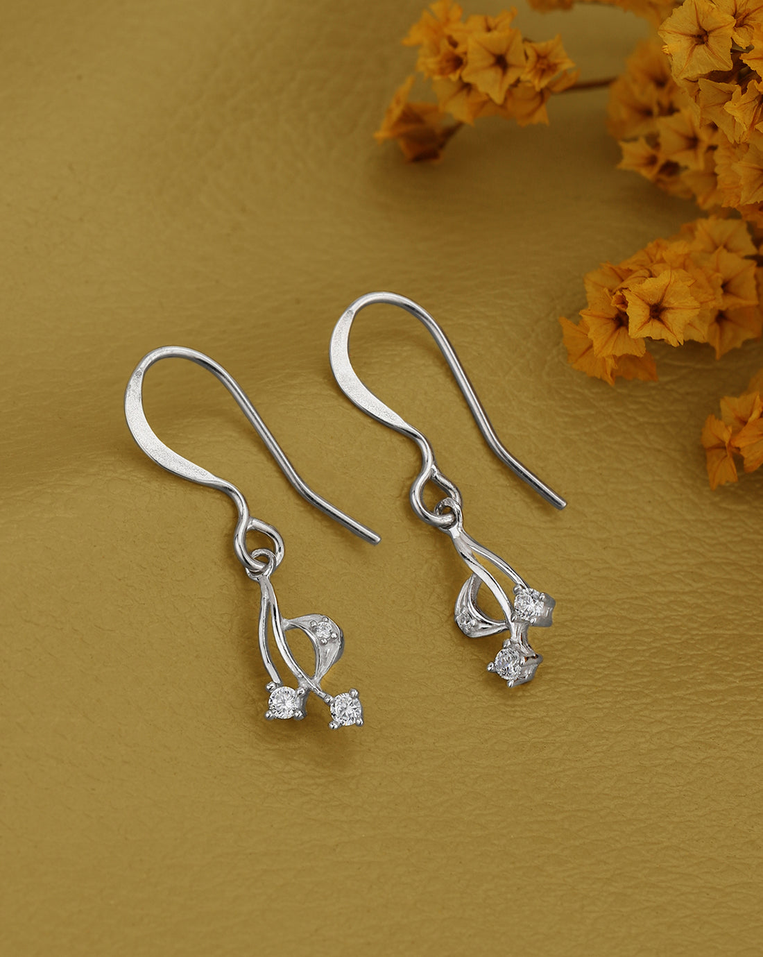 925 Sterling Silver Rhodium Plated CZ Contemporary Drop Earring