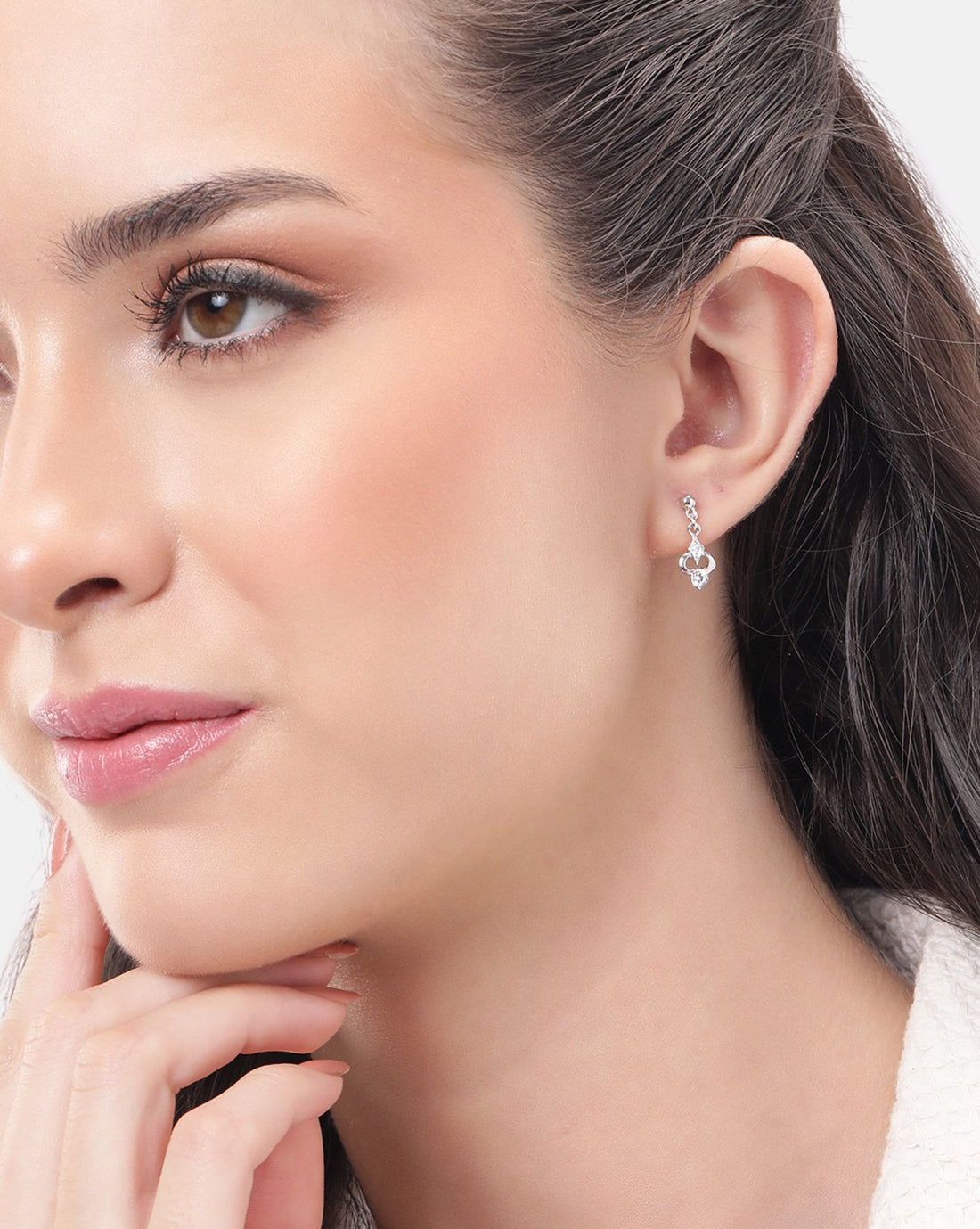 925 Sterling Silver Rhodium Plated CZ Contemporary Drop Earring