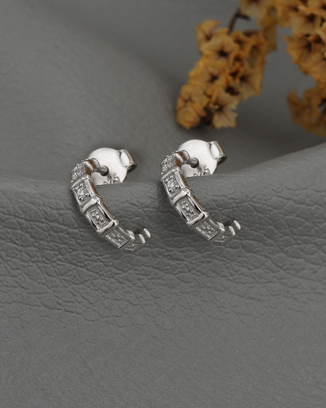 925 Sterling Silver Rhodium Plated CZ Half Hoop Earring